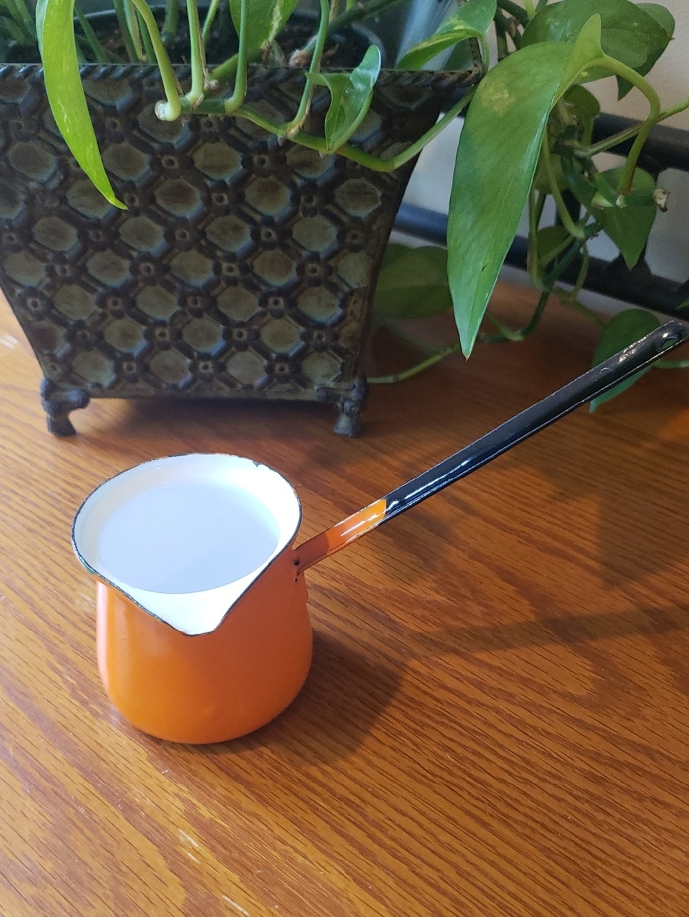 Vtg Bright Orange Enameled Fondue/ Melted Butter Pourer